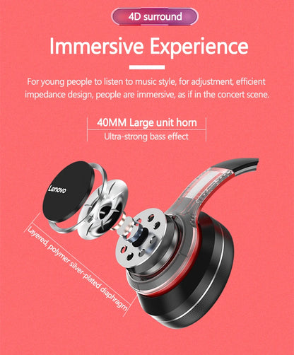 Auscultadores sem fios Bluetooth Over-Ear Lenovo HD200 – Headset gaming estéreo HiFi com cancelamento de ruído e microfone