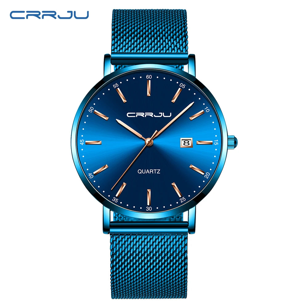 Ceas cu cuarț pentru bărbați CRRJU – Model de lux, rezistent la apă, cadran albastru, design rafinat și elegant, cu afișaj al datei, brățară din oțel, stil sportiv și casual