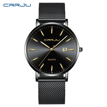 Ceas cu cuarț pentru bărbați CRRJU – Model de lux, rezistent la apă, cadran albastru, design rafinat și elegant, cu afișaj al datei, brățară din oțel, stil sportiv și casual