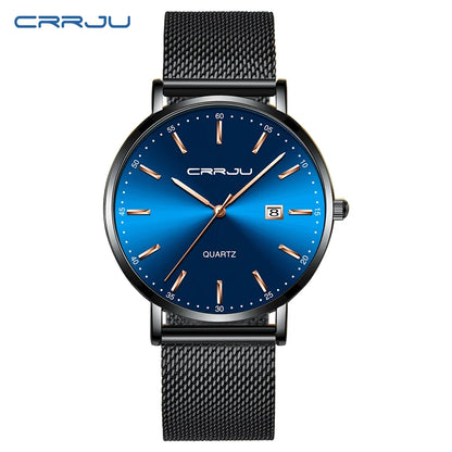 Ceas cu cuarț pentru bărbați CRRJU – Model de lux, rezistent la apă, cadran albastru, design rafinat și elegant, cu afișaj al datei, brățară din oțel, stil sportiv și casual