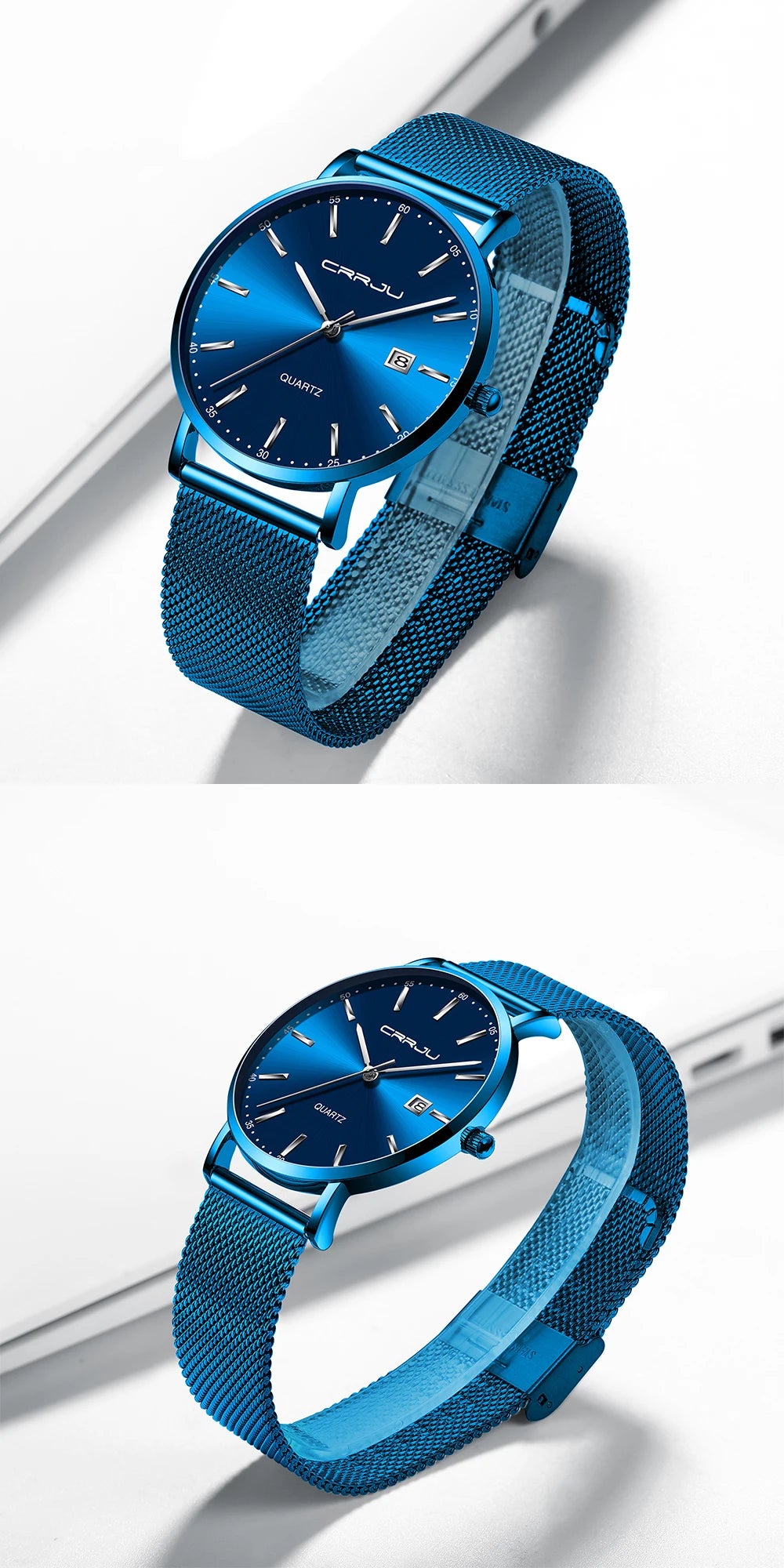 Ceas cu cuarț pentru bărbați CRRJU – Model de lux, rezistent la apă, cadran albastru, design rafinat și elegant, cu afișaj al datei, brățară din oțel, stil sportiv și casual