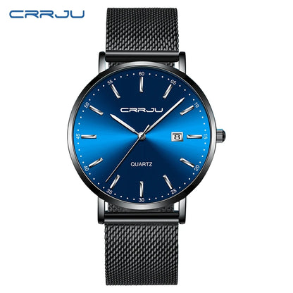Ceas cu cuarț pentru bărbați CRRJU – Model de lux, rezistent la apă, cadran albastru, design rafinat și elegant, cu afișaj al datei, brățară din oțel, stil sportiv și casual