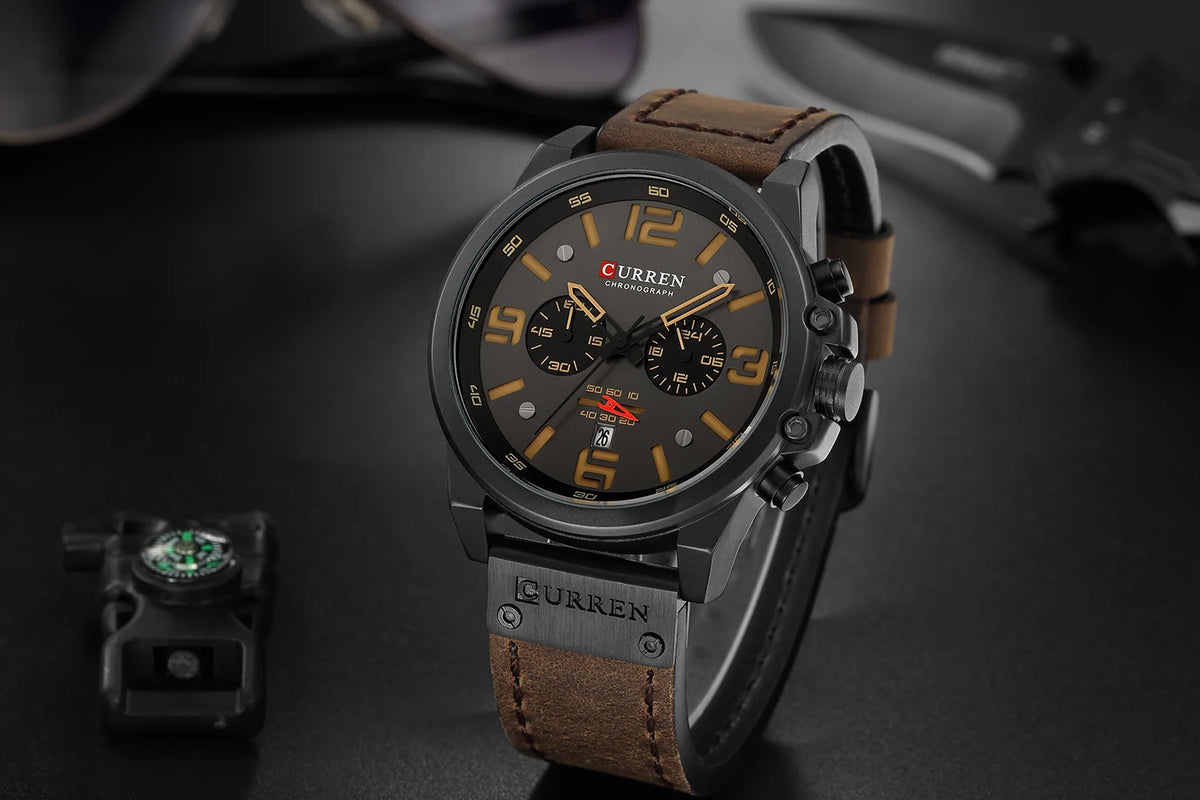 CURREN Mens Watches Top Luxury Brand Waterproof Sport Wrist Watch Chronograph Quartz Military Genuine Leather Relogio Masculino