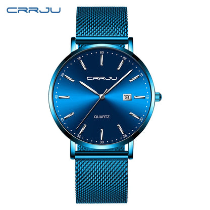 Ceas cu cuarț pentru bărbați CRRJU – Model de lux, rezistent la apă, cadran albastru, design rafinat și elegant, cu afișaj al datei, brățară din oțel, stil sportiv și casual