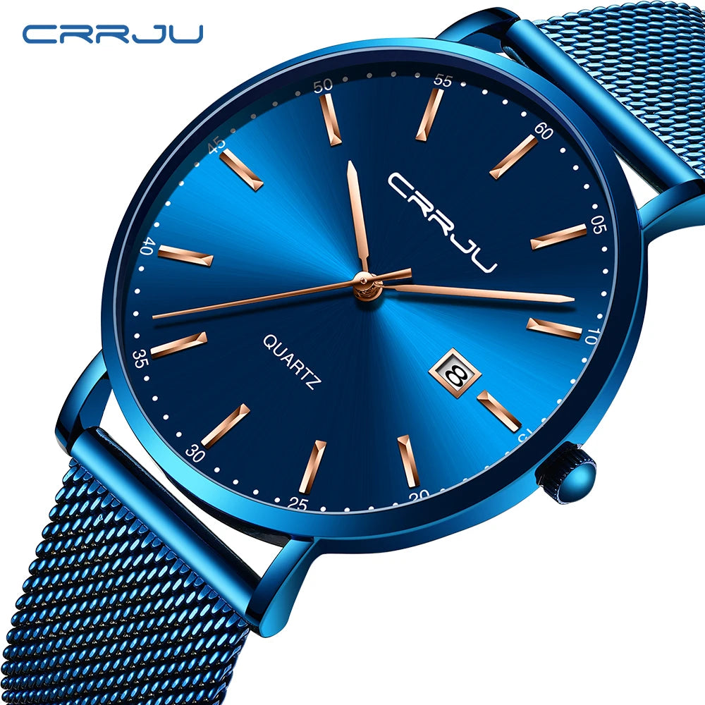 Ceas cu cuarț pentru bărbați CRRJU – Model de lux, rezistent la apă, cadran albastru, design rafinat și elegant, cu afișaj al datei, brățară din oțel, stil sportiv și casual