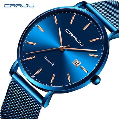 Ceas cu cuarț pentru bărbați CRRJU – Model de lux, rezistent la apă, cadran albastru, design rafinat și elegant, cu afișaj al datei, brățară din oțel, stil sportiv și casual