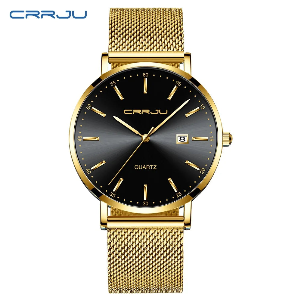 Ceas cu cuarț pentru bărbați CRRJU – Model de lux, rezistent la apă, cadran albastru, design rafinat și elegant, cu afișaj al datei, brățară din oțel, stil sportiv și casual