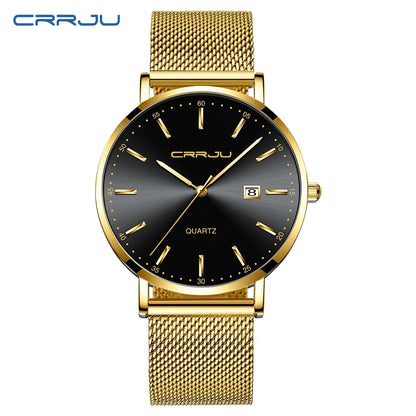 Ceas cu cuarț pentru bărbați CRRJU – Model de lux, rezistent la apă, cadran albastru, design rafinat și elegant, cu afișaj al datei, brățară din oțel, stil sportiv și casual