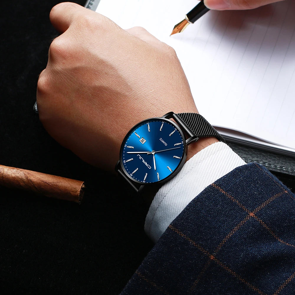 Ceas cu cuarț pentru bărbați CRRJU – Model de lux, rezistent la apă, cadran albastru, design rafinat și elegant, cu afișaj al datei, brățară din oțel, stil sportiv și casual