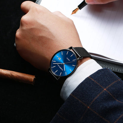 Ceas cu cuarț pentru bărbați CRRJU – Model de lux, rezistent la apă, cadran albastru, design rafinat și elegant, cu afișaj al datei, brățară din oțel, stil sportiv și casual