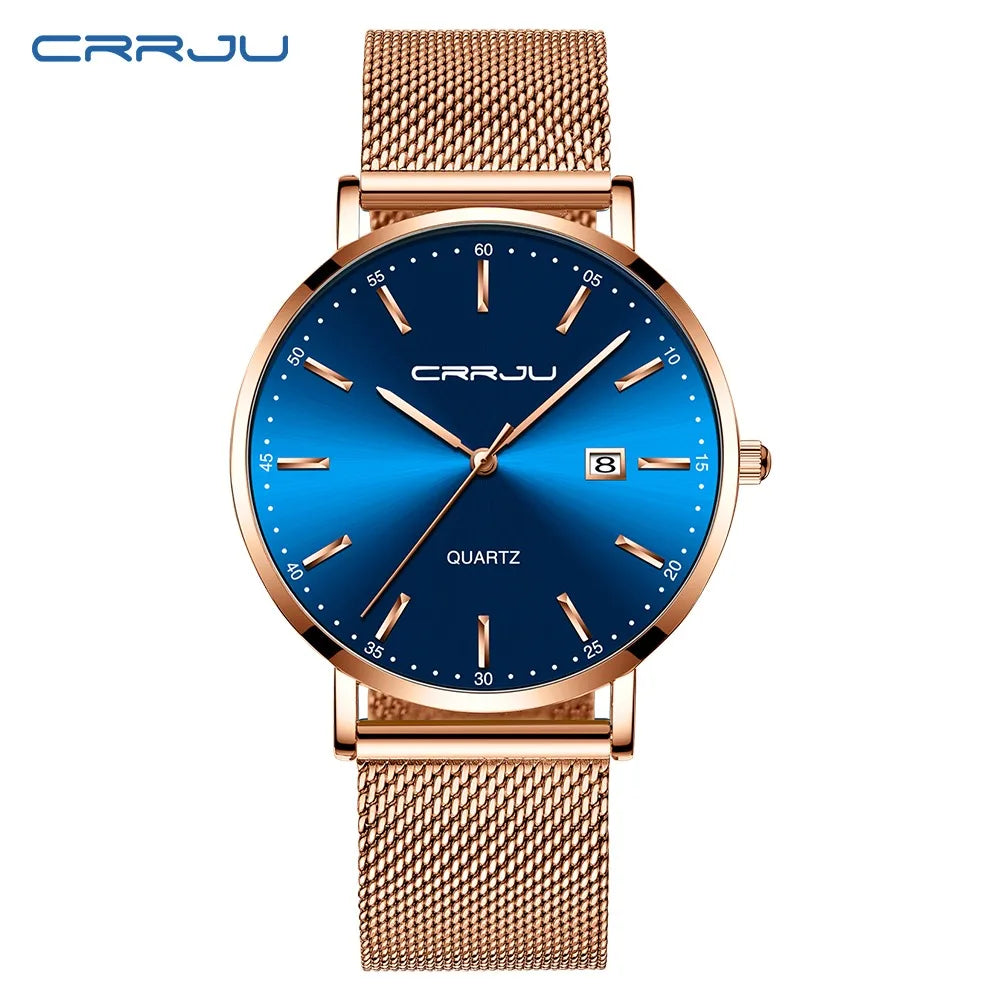 Ceas cu cuarț pentru bărbați CRRJU – Model de lux, rezistent la apă, cadran albastru, design rafinat și elegant, cu afișaj al datei, brățară din oțel, stil sportiv și casual