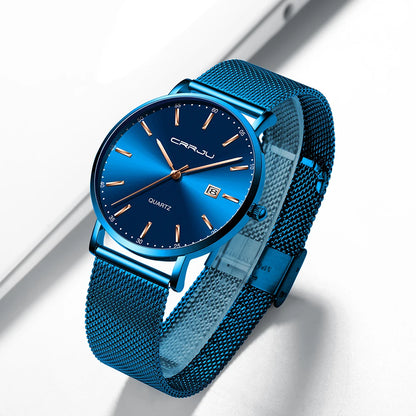 Ceas cu cuarț pentru bărbați CRRJU – Model de lux, rezistent la apă, cadran albastru, design rafinat și elegant, cu afișaj al datei, brățară din oțel, stil sportiv și casual