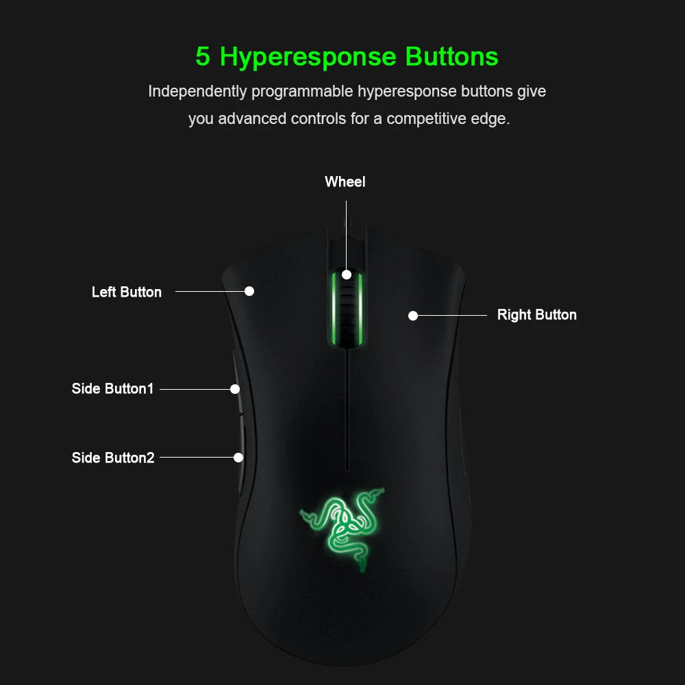 Ratón gaming con cable Razer DeathAdder Essential original, sensor óptico de 6400DPI, 5 botones independientes, para portátil y PC gamer