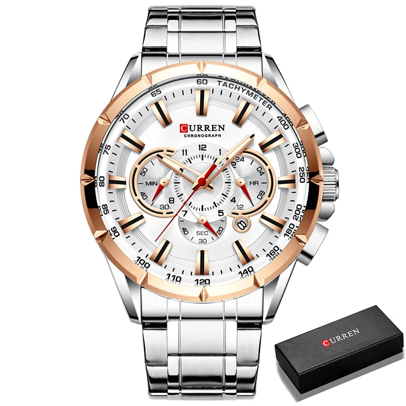 Relógio masculino CURREN Business Men, relógio de pulso de luxo em aço inoxidável, cronógrafo militar, relógio de quartzo