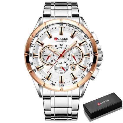 Relógio masculino CURREN Business Men, relógio de pulso de luxo em aço inoxidável, cronógrafo militar, relógio de quartzo