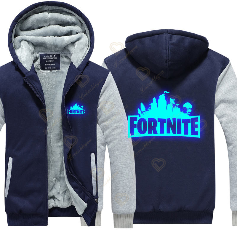 Winter Warm Fortnite Luminescent Hoodies Men Women Game Cosplay Sweatshirts Thick Fleece Zipper Couple Jacket & Coat