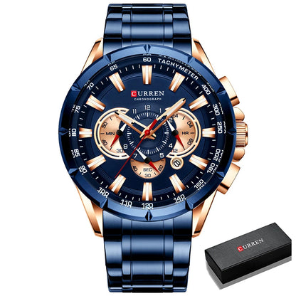 Relógio masculino CURREN Business Men, relógio de pulso de luxo em aço inoxidável, cronógrafo militar, relógio de quartzo