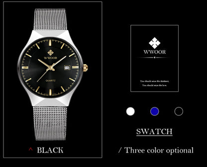 WWOOR Silver Men Watches with Mesh Steel Top Brand Luxury Ultra Thin Quartz Waterproof Date Business Wristwatch Box Montre Homme