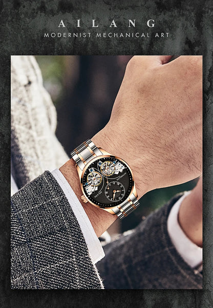 AILANG Brand New Fashion Double Tourbillon Watch for Men Luxury Stainless Steel Waterproof Automatic Mechanical Watches Mens