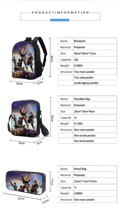 Fortnite Kids 3pcs Backpack Set Women Backpacks Office Stationary for Teenage Girls Boys Laptop Backpack Casual Travel Rucksack