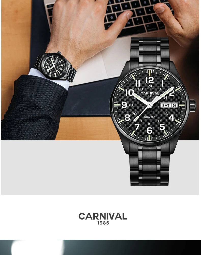 CARNIVAL Luxury Brand Watch Men Quartz Watches Luminous Hands Waterproof Solid Stainess Steel Men's Clock Relogio Masculino 8638