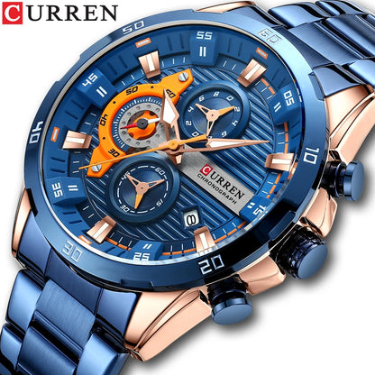 Montre pour homme CURREN – Chronographe sportif de luxe, mouvement à quartz, tout en acier, étanche