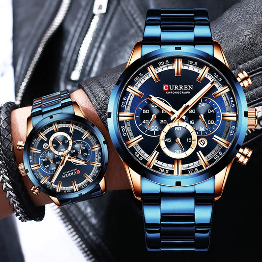 Relógio Curren para Homem, Mostrador Azul, Bracelete em Aço Inoxidável, Data, Estilo Business, Impermeável, Relógio de Pulso Luxuoso para Homem