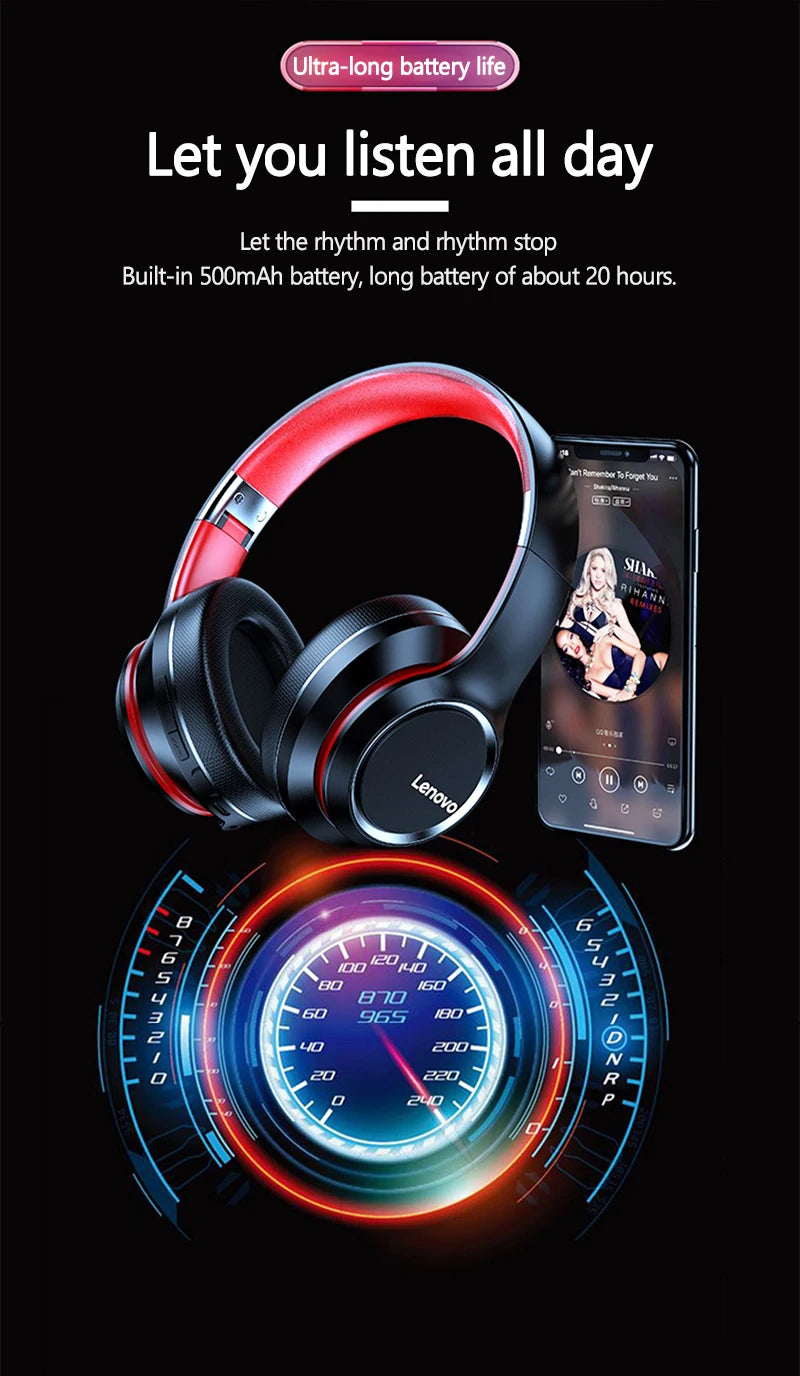 Auscultadores sem fios Bluetooth Over-Ear Lenovo HD200 – Headset gaming estéreo HiFi com cancelamento de ruído e microfone