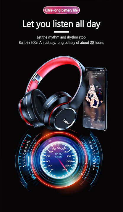 Auscultadores sem fios Bluetooth Over-Ear Lenovo HD200 – Headset gaming estéreo HiFi com cancelamento de ruído e microfone