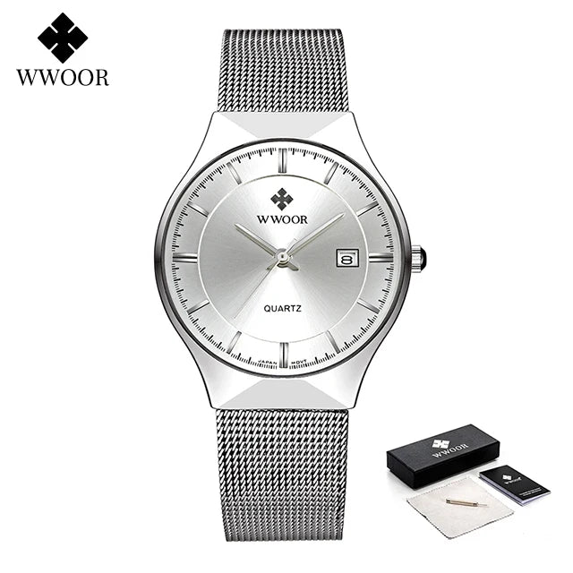 WWOOR Silver Men Watches with Mesh Steel Top Brand Luxury Ultra Thin Quartz Waterproof Date Business Wristwatch Box Montre Homme