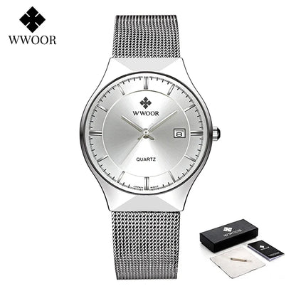 WWOOR Silver Men Watches with Mesh Steel Top Brand Luxury Ultra Thin Quartz Waterproof Date Business Wristwatch Box Montre Homme