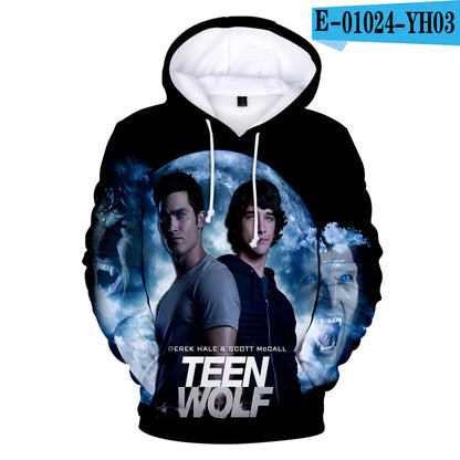 Nowe bluzy z kapturem z nadrukiem 3D inspirowane serialem TV TEEN WOLF – dla mężczyzn, kobiet i dzieci, moda Harajuku, jesienne streetwearowe pulowery hip-hop