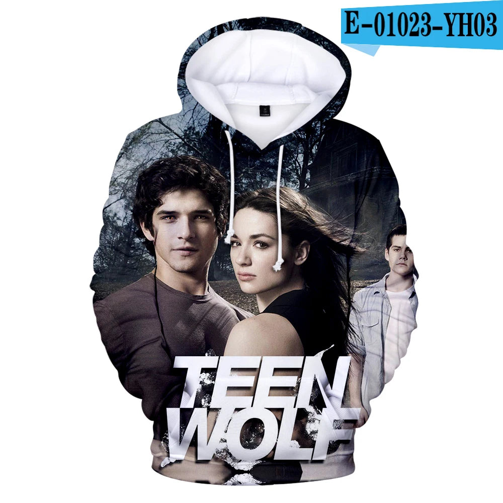 Nowe bluzy z kapturem z nadrukiem 3D inspirowane serialem TV TEEN WOLF – dla mężczyzn, kobiet i dzieci, moda Harajuku, jesienne streetwearowe pulowery hip-hop