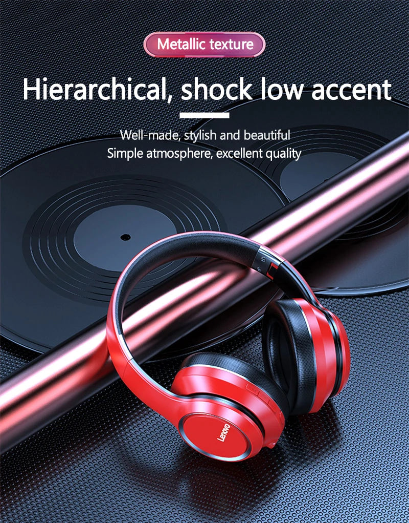 Auscultadores sem fios Bluetooth Over-Ear Lenovo HD200 – Headset gaming estéreo HiFi com cancelamento de ruído e microfone