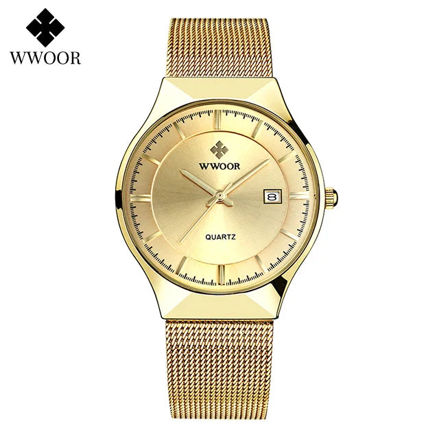 WWOOR Silver Men Watches with Mesh Steel Top Brand Luxury Ultra Thin Quartz Waterproof Date Business Wristwatch Box Montre Homme