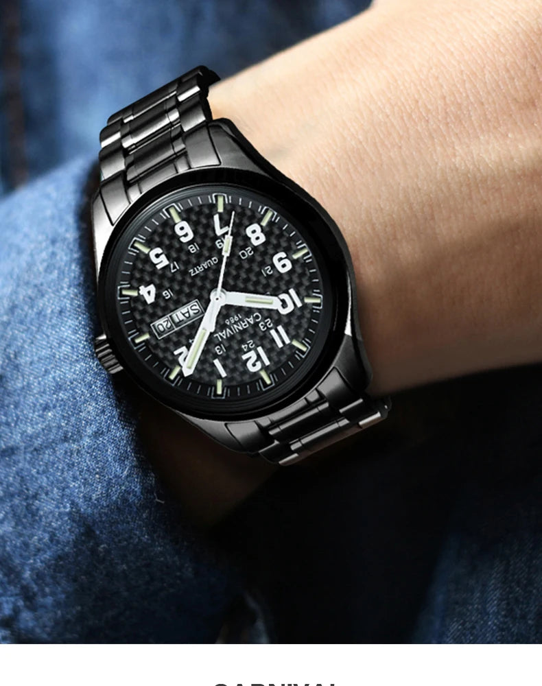 CARNIVAL Luxury Brand Watch Men Quartz Watches Luminous Hands Waterproof Solid Stainess Steel Men's Clock Relogio Masculino 8638