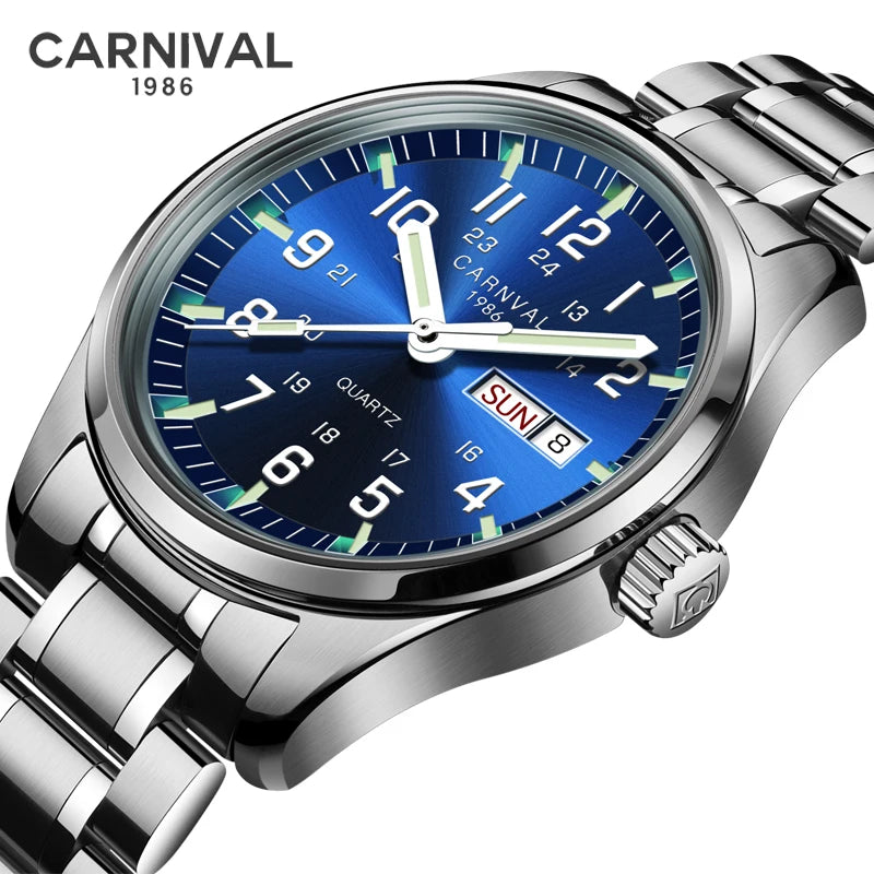 CARNIVAL Luxury Brand Watch Men Quartz Watches Luminous Hands Waterproof Solid Stainess Steel Men's Clock Relogio Masculino 8638