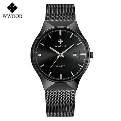 WWOOR Silver Men Watches with Mesh Steel Top Brand Luxury Ultra Thin Quartz Waterproof Date Business Wristwatch Box Montre Homme