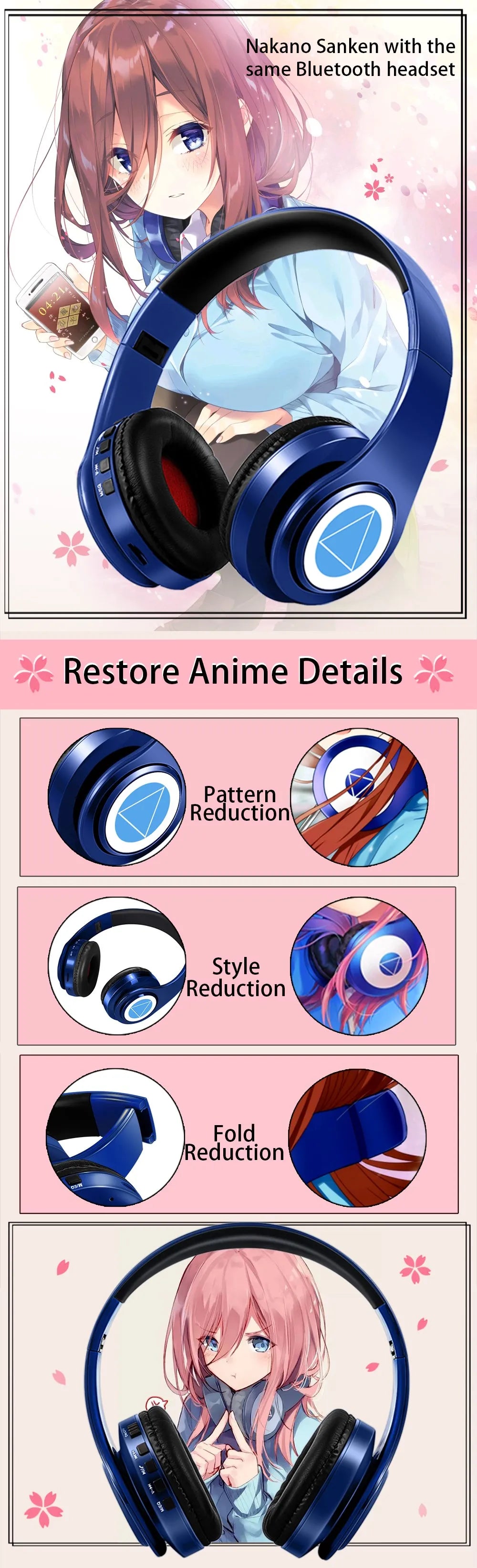 Auscultadores Anime Over-Ear Miku Nakano Sanjiu Bluetooth 5.0 – Headset Gaming Estéreo Sem Fios com Graves Profundos, Microfone e Suporte para Cartão TF