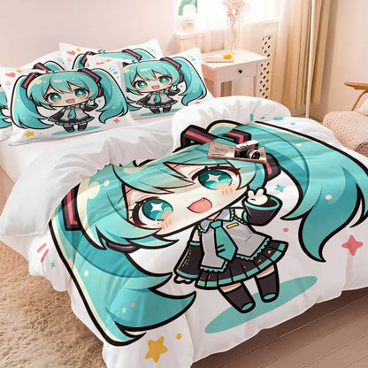 Hatsune Miku Chibi Style påslakanset – Söt anime-sängklädsel med örngott – Spelrum – Tonåringars och barns sovrumsinredning – Present till fans
