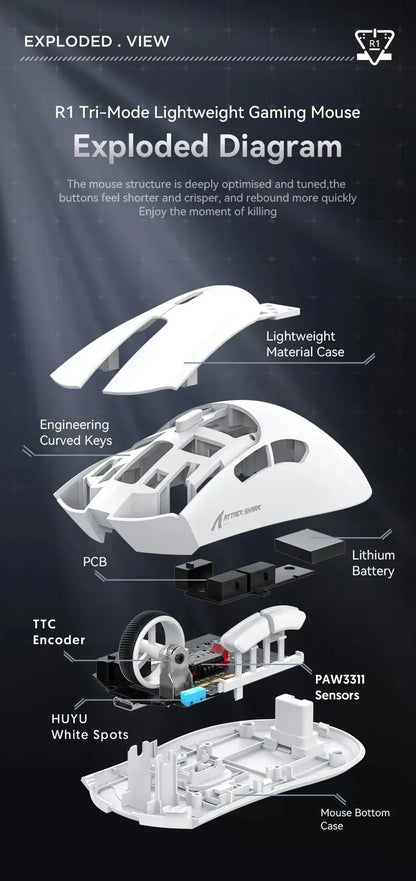 Mouse ultra-leggero ATTACK SHARK R1 59g con PAW3311, 18000DPI, 400IPS, 40G, 1000Hz, Tri-Mode, master Broadcom BK3633, 20 milioni di clic