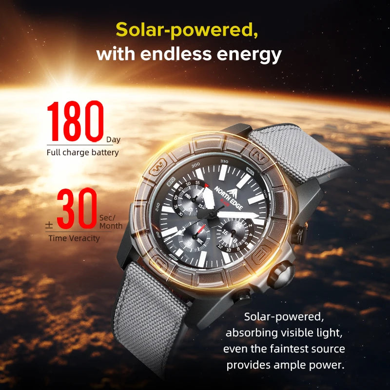NORTH EDGE 2025 BLAZE Men's Watches Solar Power 316 stainless steel Case Quartz Watch For Men Pilot Waterproof 50M Stopwatch
