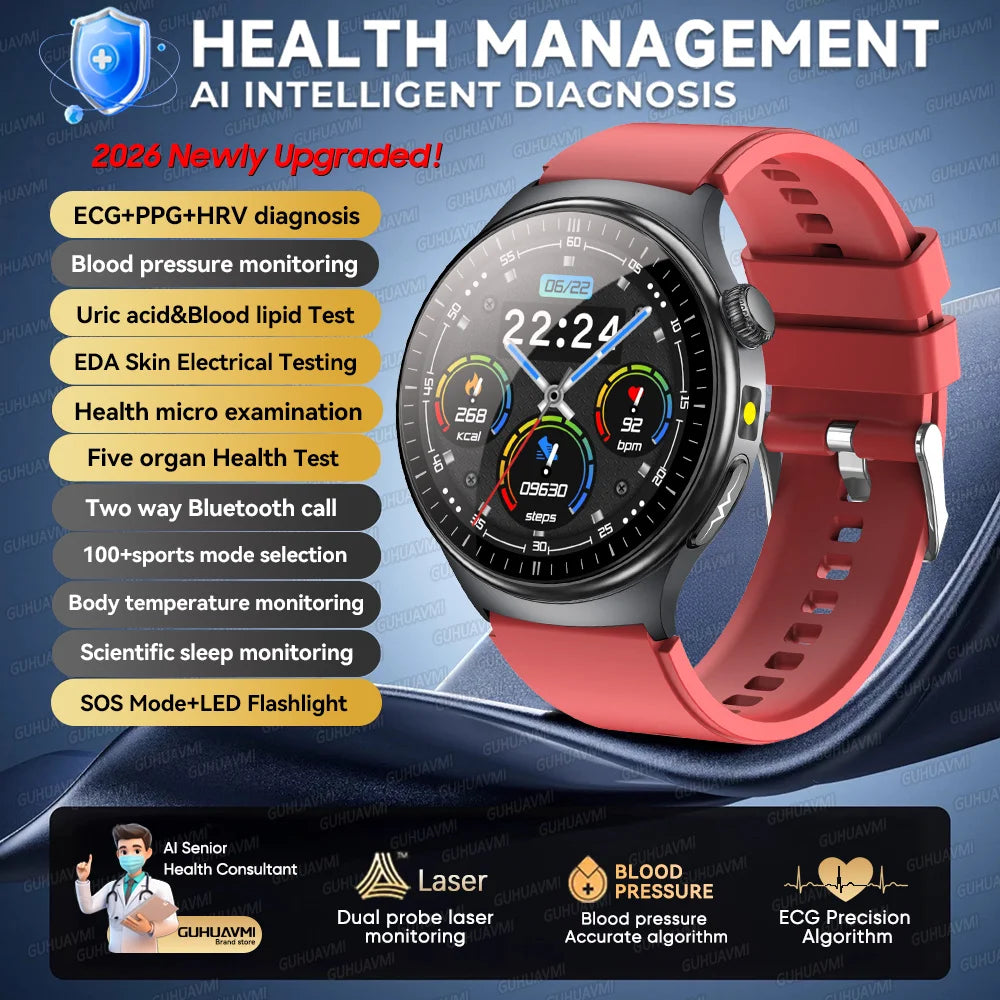 2026 AI Health Smartwatch ECG + PPG, Blood Pressure, Uric Acid & Body Fat Monitoring, AMOLED Display & Bluetooth Calling