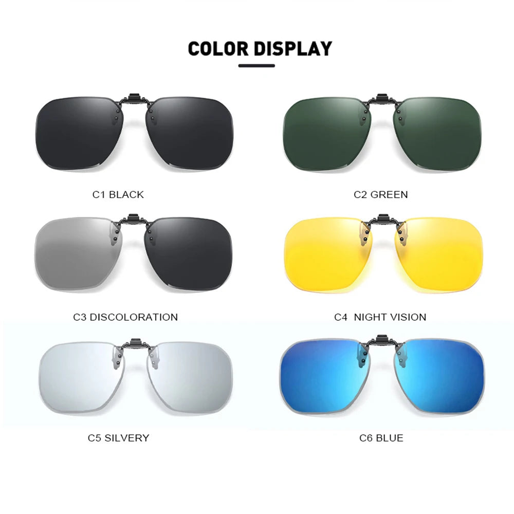 Clip On Flip Up Glasses Polarized Photochromic Sunglasses Lens Anti Glare UV400 Goggles Night Vision Yellow Driving Eyepiece