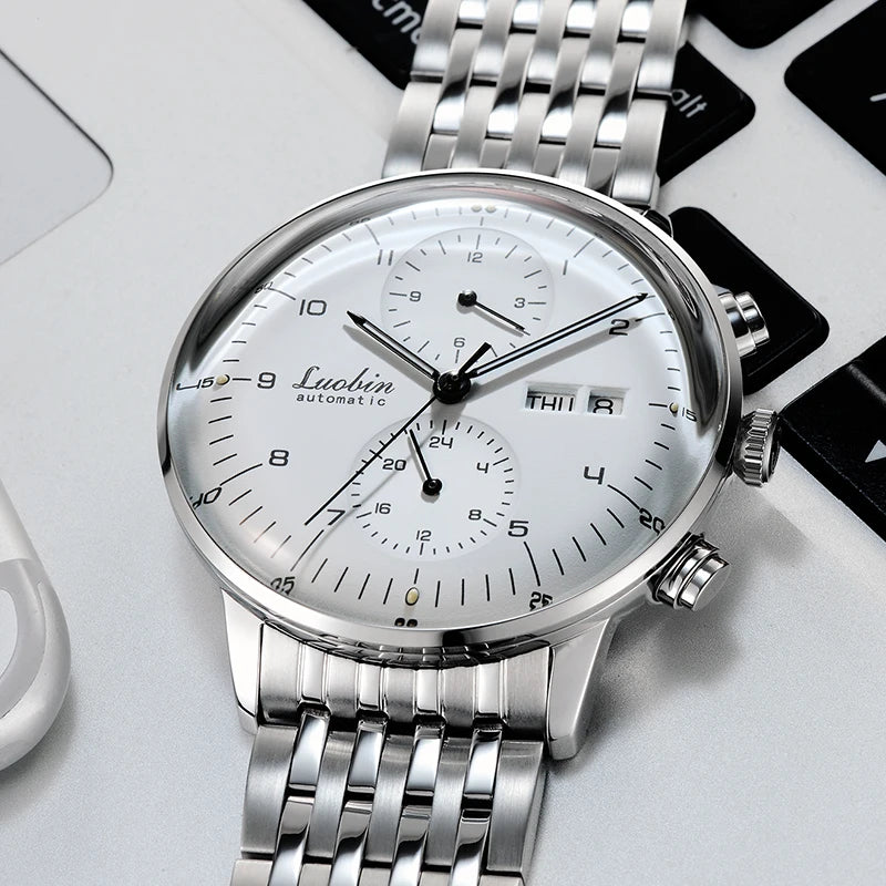 Men's Business Watch Mechanical Movement Multifunction Chronograph Stainless Steel Waterproof Automatic Calendar Sapphire