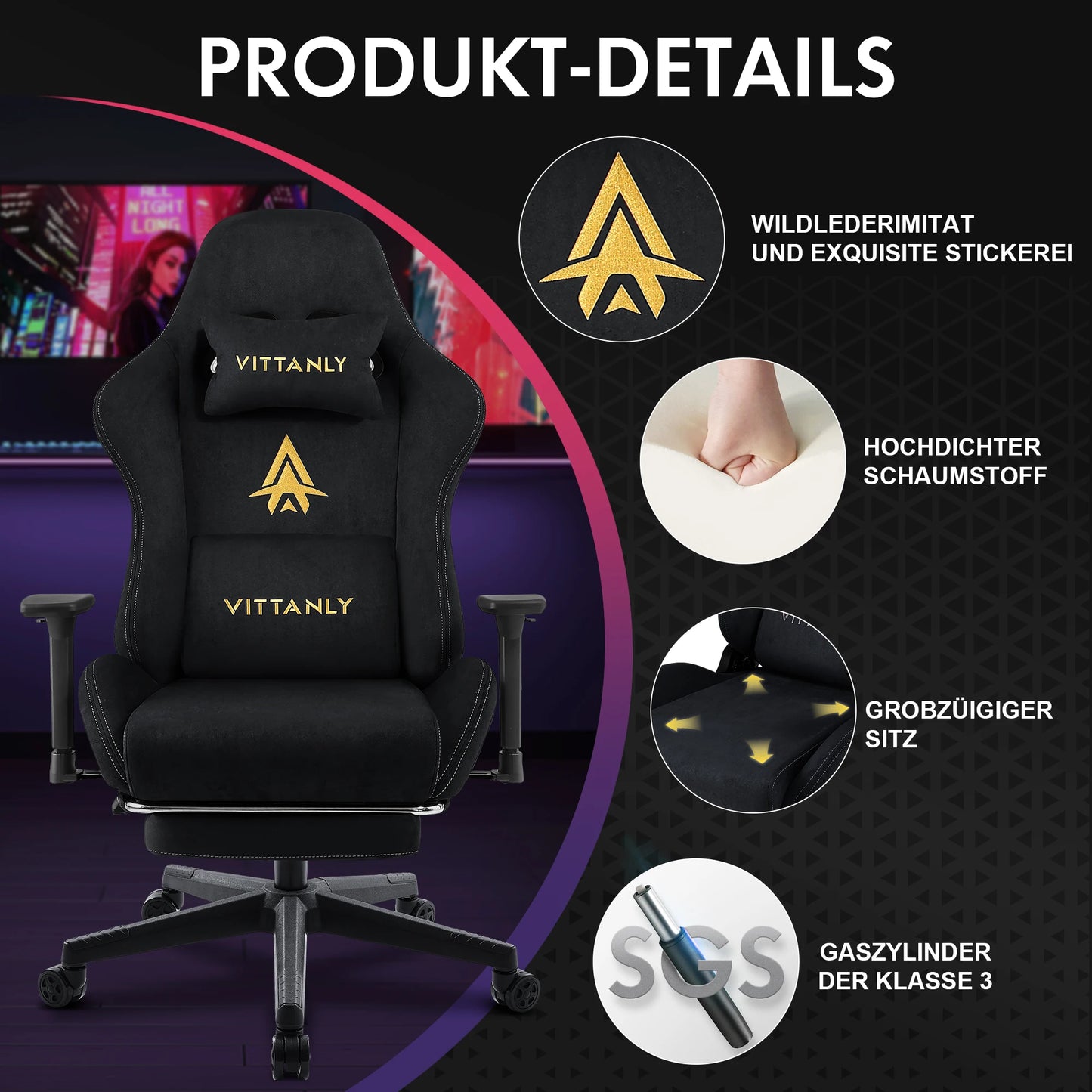 Ergonomic Gaming Chair with Footrest, Breathable Faux Suede Office Chair, Adjustable Lumbar Support Recliner with Headrest