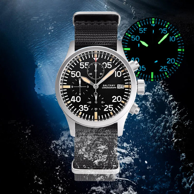 Baltany Quartz Chronograph S5045 Sunburst Blue Dial VK67 100M Stainless Steel Calendar Window Sapphire Vintage Military Watches