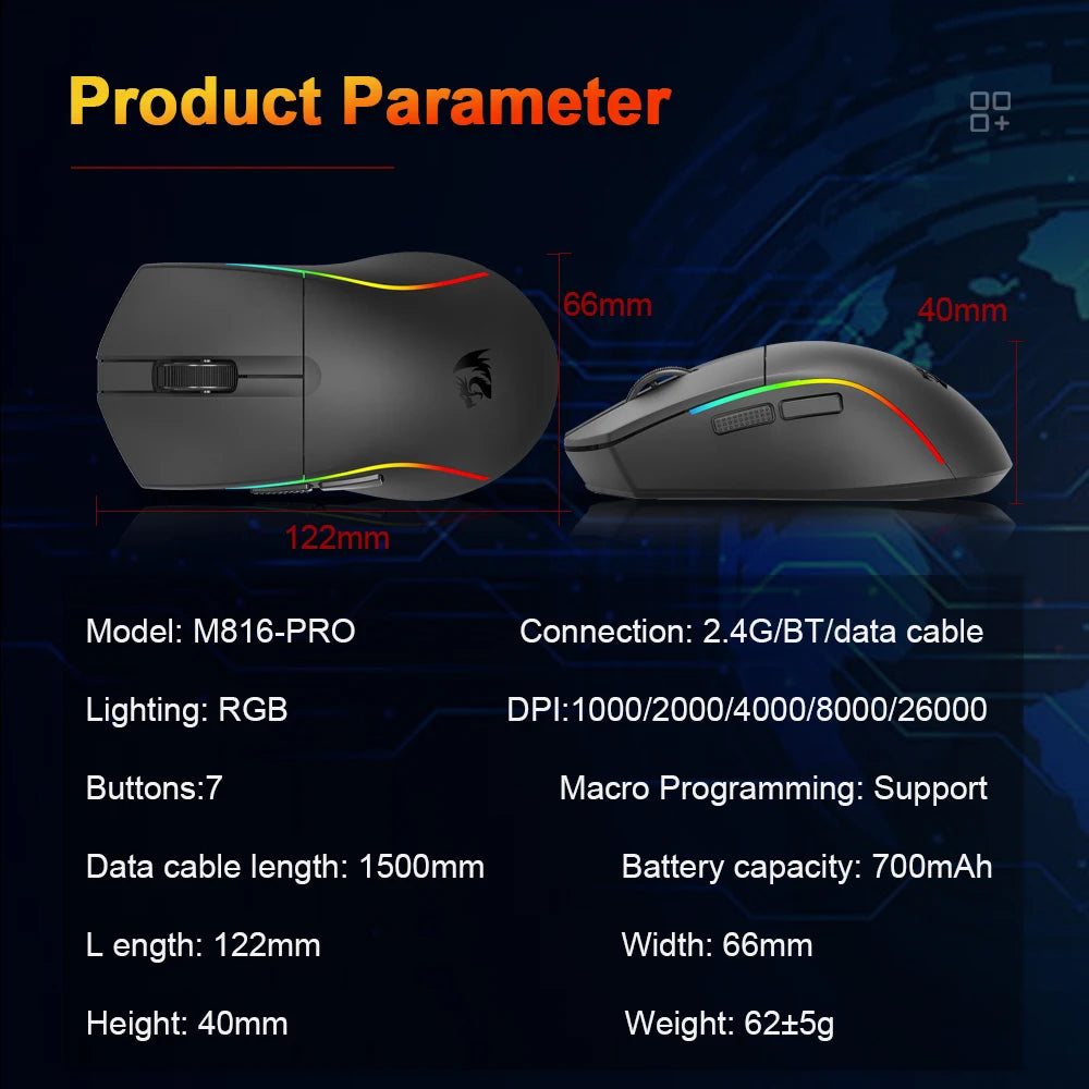 Mouse gaming REDRAGON DEICIDE M816 PRO RGB USB cu suport Bluetooth 2.4G wireless, 26000 DPI, 6 butoane pentru gameri, mouse cu fir pentru computer