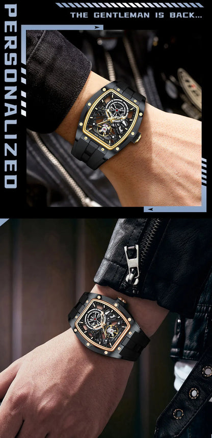 MINI FOCUS Orologio da polso da uomo fashion nero impermeabile, automatico meccanico, con lancette luminose, cinturino in silicone e quadrante tonneau