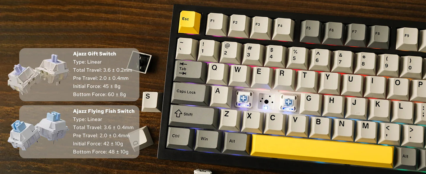Teclado mecânico Ajazz AK820 Pro 75% com montagem gasket, Bluetooth 5.1/2.4G sem fios/com fios e ecrã TFT para Mac/Win